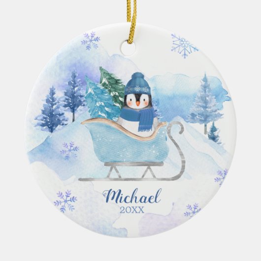 Winter Niedlicher Pinguin Blauer Schneeflocken Ber Keramik Ornament (Vorne)