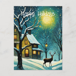 Winter Night Forest Full Moon Cabin Dei Weihnachte Feiertagspostkarte