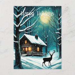 Winter Night Forest Log Kabine Hirschwein Weihnach Feiertagspostkarte