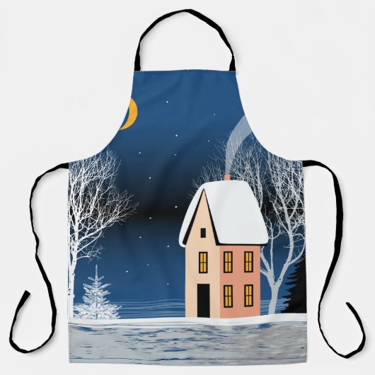 Winter night landscape. Cozy house, various trees, Schürze (Vorderseite)
