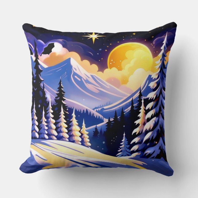 Winter Night Landscape With Snowy Mountains Kissen (Vorderseite)