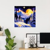 Winter Night Landscape With Snowy Mountains Poster (Heimbüro)
