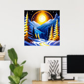 Winter Night Landscape With Snowy Mountains Poster (Heimbüro)