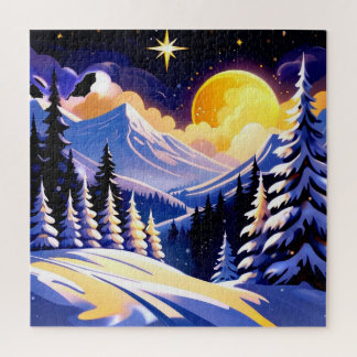 Winter Night Landscape With Snowy Mountains Puzzle