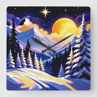Winter Night Landscape With Snowy Mountains Quadratische Wanduhr