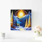 Winter Night Landscape With Snowy Mountains Quadratische Wanduhr (Zuhause)