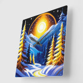 Winter Night Landscape With Snowy Mountains Quadratische Wanduhr (Winkel)