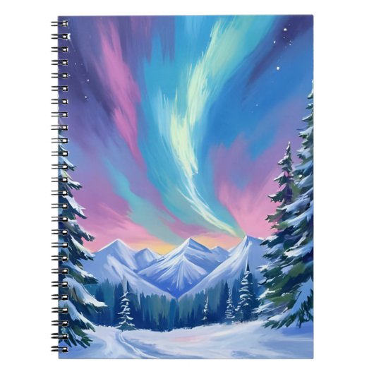 Winter Night Northern Lights Watercolor Mountain Notizblock (Vorderseite)