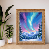 Winter Night Northern Lights Watercolor Mountain Poster