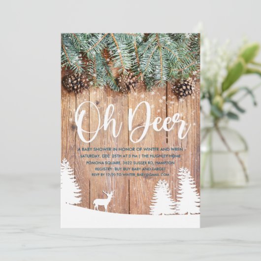 Winter Oh Deer Baby Dusche Einladung (Stehend Vorderseite)