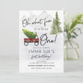 Winter Oh, was Spaß Weihnachtsbaum Erster Geburtst Einladung (Stehend Vorderseite)