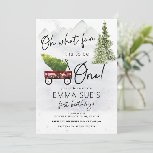 Winter Oh, was Spaß Weihnachtsbaum Erster Geburtst Einladung (Stehend Vorderseite)