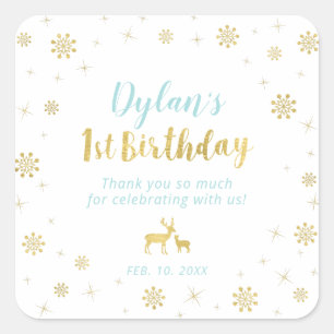Winter onderland, Custom Gold 1. Geburtstagsaufkle Quadratischer Aufkleber