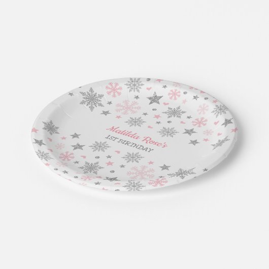 Winter Onderland rosa silberner Pappteller (Schrägansicht)