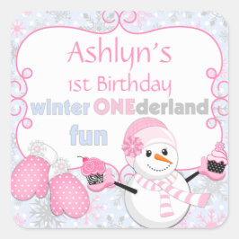 Winter One-derland Erster Geburtstag Snowman Mitte Quadratischer Aufkleber