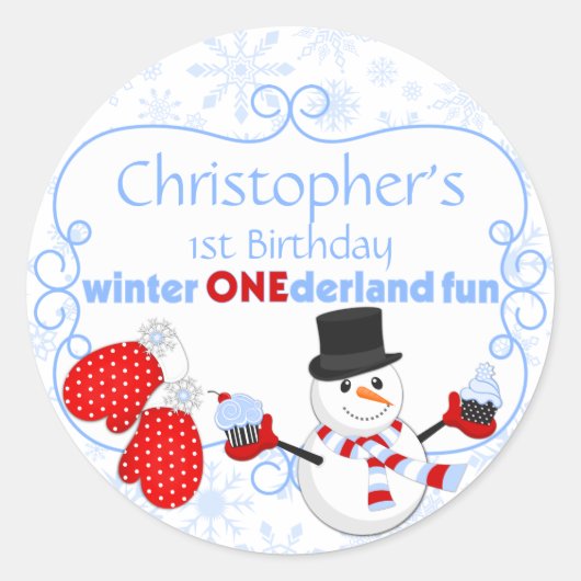 Winter One-derland Erster Geburtstag Snowman Mitte Runder Aufkleber (Vorderseite)