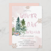 Winter ONE Derland Pink Girl 1. Geburtstag Einladung (Vorne/Hinten)