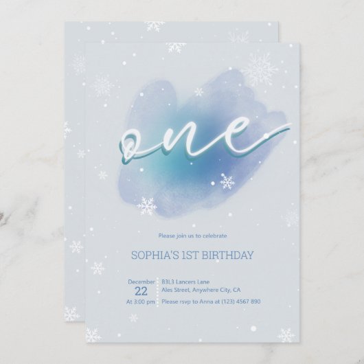Winter One Frozen 1. Geburtstag Einladung Snowy (Vorne/Hinten)
