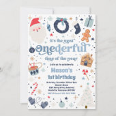 Winter ONEderful Blue Christmas Geburtstagsparty Einladung (Vorderseite)
