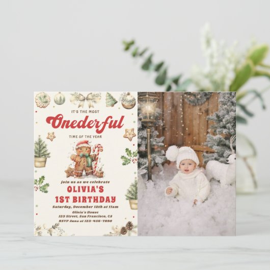 Winter Onederful Grünen Weihnachtskochen Geburtsta Einladung (Stehend Vorderseite)