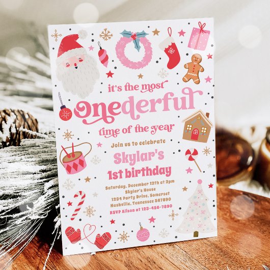 Winter ONEderful Pink Weihnachten Geburtstagsparty Einladung