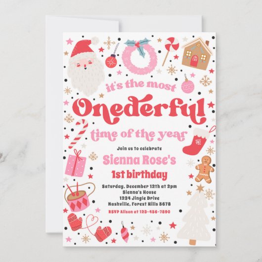 Winter ONEderful Pink Weihnachten Geburtstagsparty Einladung (Vorderseite)