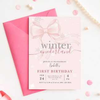 Winter Onederlan Pink Bow Baby First Birthday Einladung