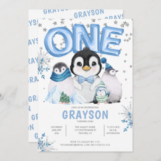 Winter Onederland 1. Geburtstag Blau Einladung