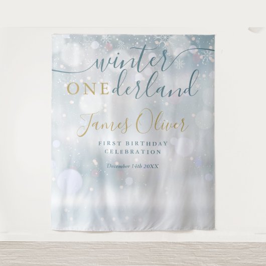 Winter Onederland 1. Geburtstag Blau und Gold Wandteppich (Vorderseite)