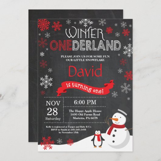Winter Onederland 1. Geburtstag Einladung (Vorne/Hinten)