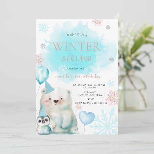 Winter Onederland 1. Geburtstag Einladung (Stehend Vorderseite)