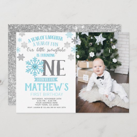 Winter Onederland 1. Geburtstag Einladung Foto (Vorne/Hinten)