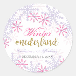 Winter Onederland 1. Geburtstag Lila rosa Schnee Runder Aufkleber