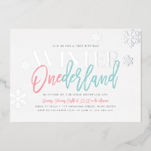 Winter ONEderland 1. Geburtstag Pink Blau Silber Folieneinladung