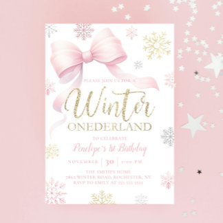 Winter Onederland 1. Geburtstag Pink Bow Snowflake Einladung