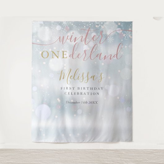 Winter Onederland 1. Geburtstag Rosa und Gold Wandteppich (Vorderseite)