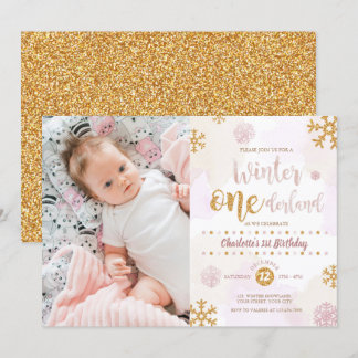 Winter Onederland 1. Geburtstag Rose Gold und Gold Einladung