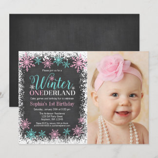 Winter ONEderland Aquamarin Chalkboard 1. Geburtst Einladung