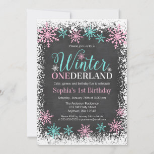 Winter ONEderland Aquamarin Chalkboard 1. Geburtst Einladung