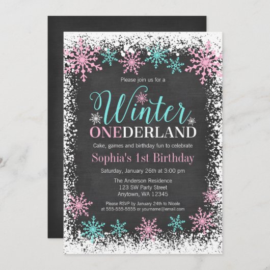 Winter ONEderland Aquamarin Chalkboard 1. Geburtst Einladung (Vorne/Hinten)