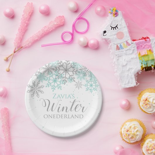 Winter Onederland Aquamarin Silver First Geburtsta Pappteller (Party)