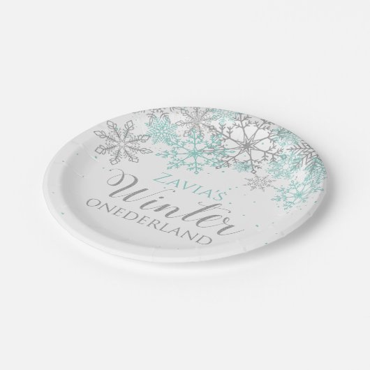 Winter Onederland Aquamarin Silver First Geburtsta Pappteller (Schrägansicht)