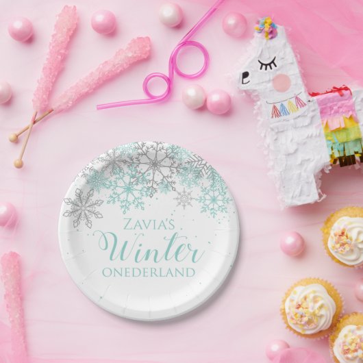 Winter Onederland Aquamarin Silver First Geburtsta Pappteller (Party)