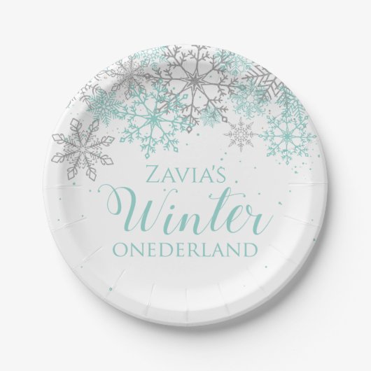 Winter Onederland Aquamarin Silver First Geburtsta Pappteller (Vorderseite)
