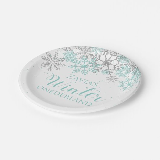 Winter Onederland Aquamarin Silver First Geburtsta Pappteller (Schrägansicht)