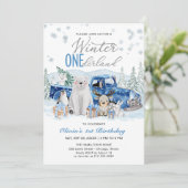 Winter Onederland Arctic Animal Boy 1st Birthday Einladung (Stehend Vorderseite)