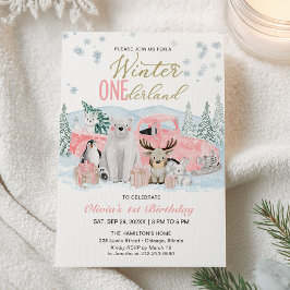 Winter Onederland Arctic Animal Girl 1st Birthday Einladung