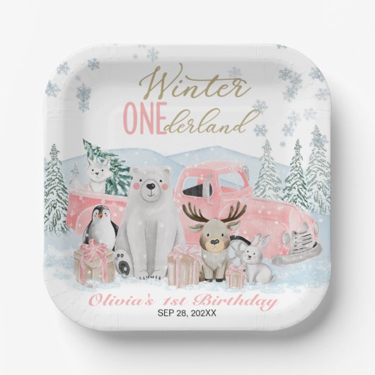 Winter Onederland Arctic Animal Girl 1st Birthday Pappteller (Vorderseite)