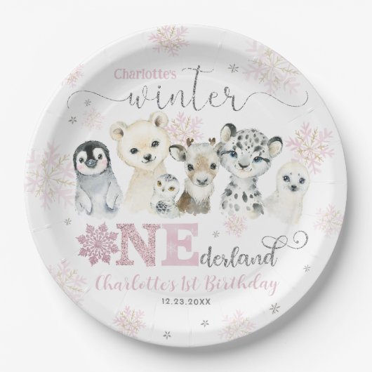 Winter Onederland Arctic Animals Snow 1st Birthday Pappteller (Vorderseite)