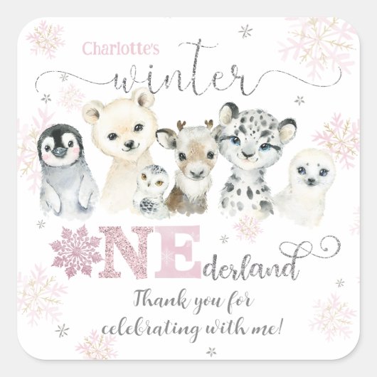 Winter Onederland Arctic Animals Snow 1st Birthday Quadratischer Aufkleber (Vorderseite)
